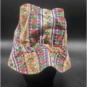 Vintage 70's Toddler Girls Bonnet Strawberry Floral Print Cottagecore Tie Hat